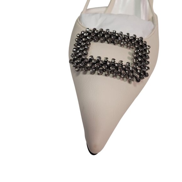 Vivianly Women's Beige Pointed Toe Slingback Stiletto Heels With Rhinestone 10 - Picture 3 of 14